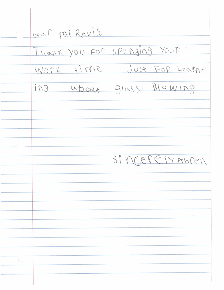 Letter from student expressing gratitude after visiting glassblowing facility