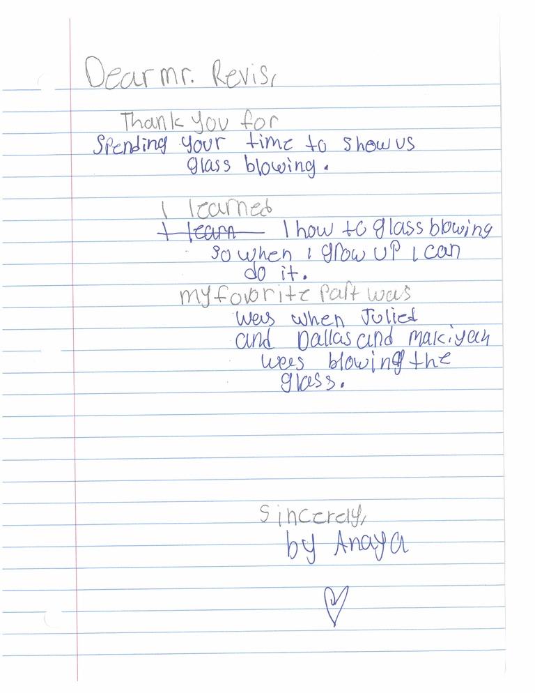 Letter from student expressing gratitude after visiting glassblowing facility