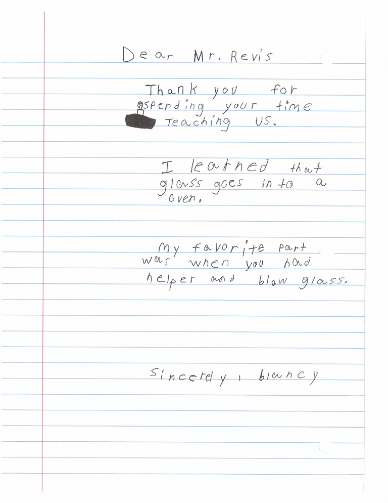 Letter from student expressing gratitude after visiting glassblowing facility