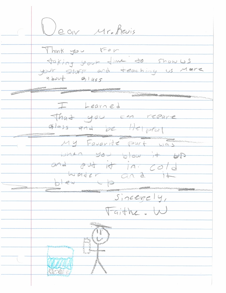 Letter from student expressing gratitude after visiting glassblowing facility