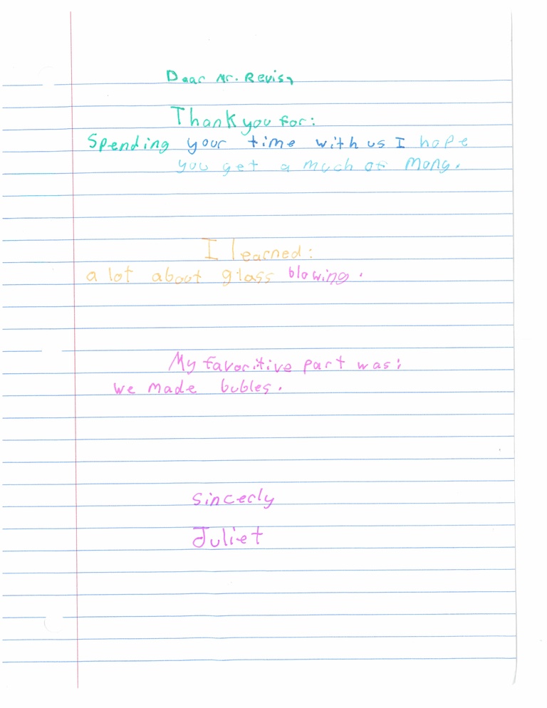 Letter from student expressing gratitude after visiting glassblowing facility
