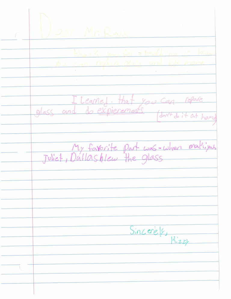 Letter from student expressing gratitude after visiting glassblowing facility