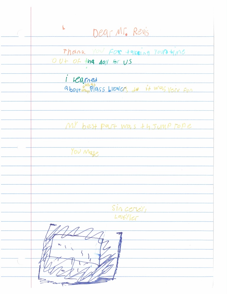 Letter from student expressing gratitude after visiting glassblowing facility