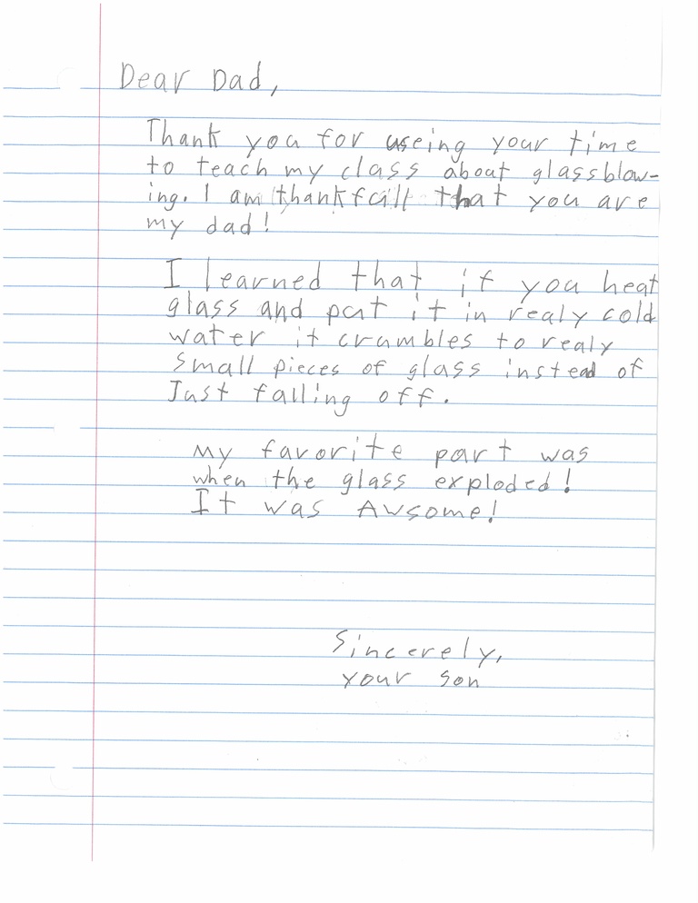 Letter from student expressing gratitude after visiting glassblowing facility