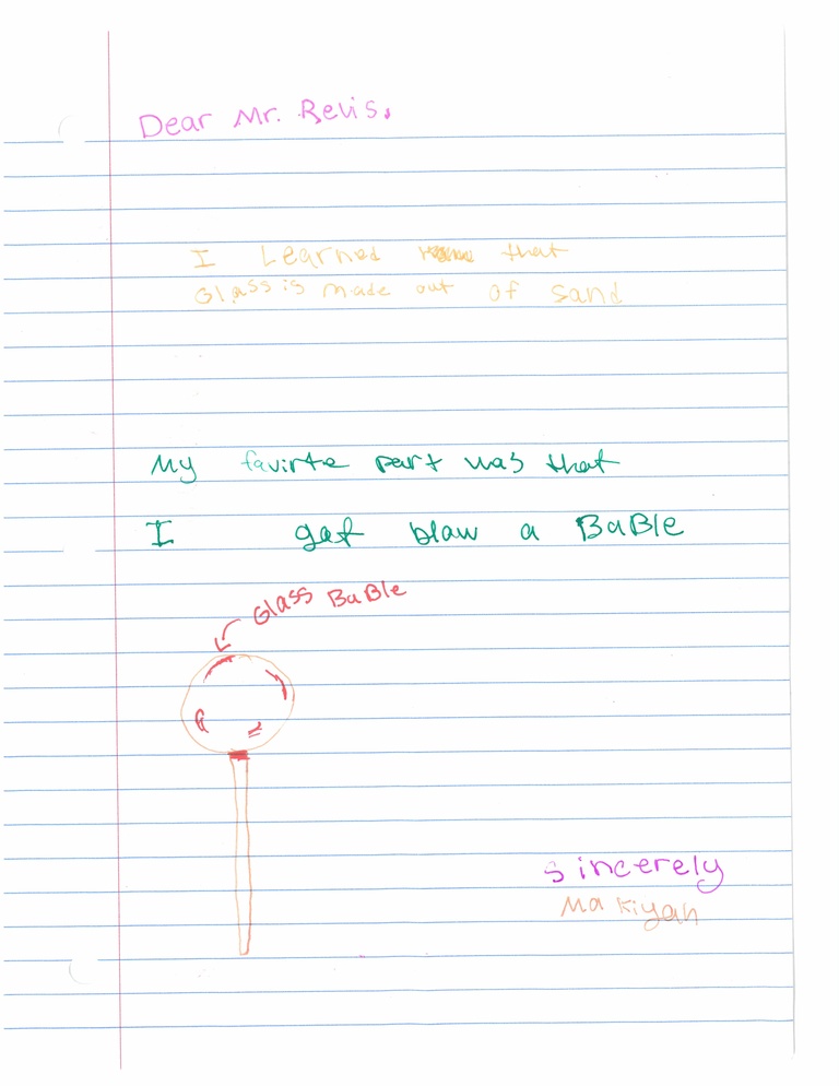 Letter from student expressing gratitude after visiting glassblowing facility