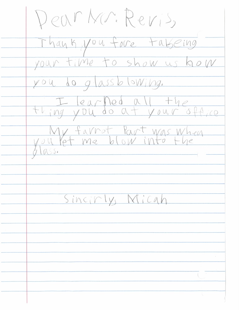 Letter from student expressing gratitude after visiting glassblowing facility