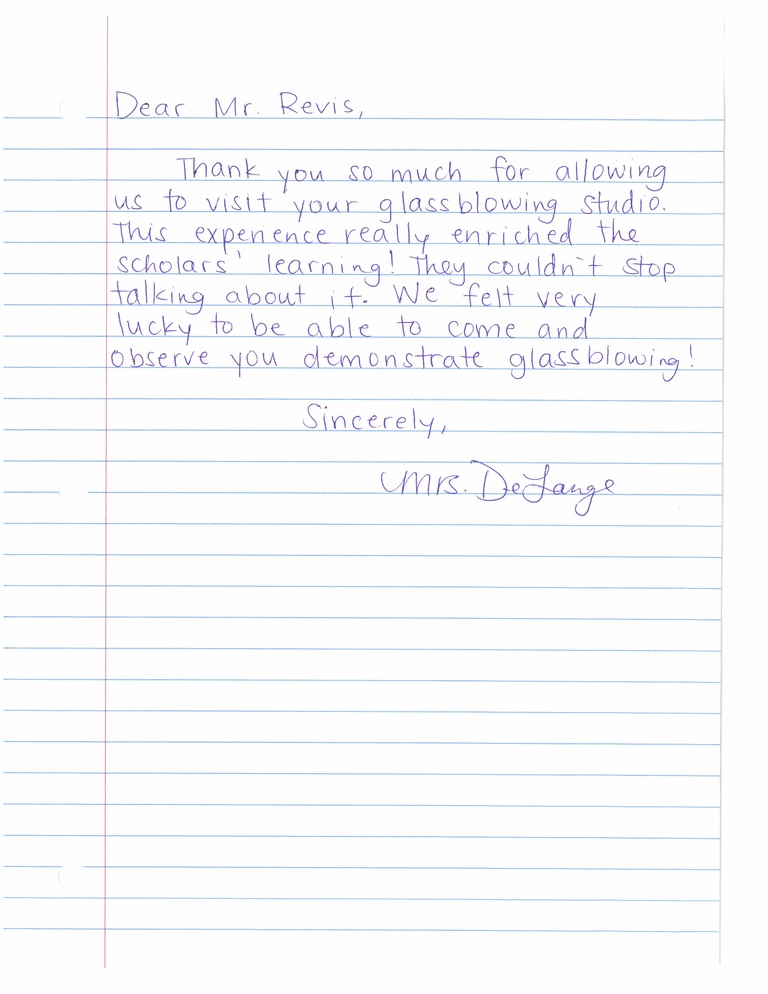 Letter from teacher expressing gratitude after glassblowing demonstration