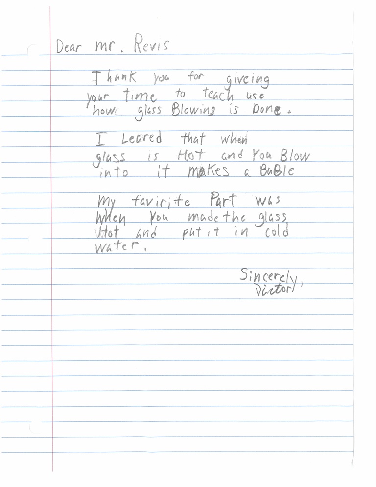 Letter from student expressing gratitude after visiting glassblowing facility